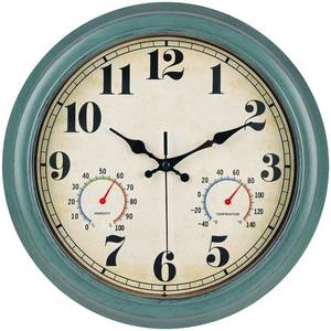 lot 8171 image: zyzamay 13 Inch Outdoor Clock with Thermometer and Hygrometer, Waterproof and Silent, Large Easy-to-Read Numbers, Ideal for Bedroom,Office,Living Room,Porch,Garden,Pool(Green) - Retail $17