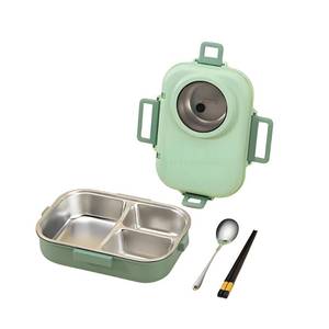 lot 8176 image: Ausenzup Bento Lunch Box, 304 Stainless Steel Portable Leakproof Lunch Food Containers Set with 3 Compartment for Adults - with Chopsticks Spoon Soup Bowl Gift for Friends, Family (Green) - Retail $25