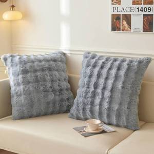 lot 8192 image: LIFEREVO Pack of 2 Fluffy Faux Rabbit Fur Euro Sham Pillow Covers 26x26, Plush Waffle Bubble Decorative Throw Cushion Covers with Zipper, Furry Accent Pillowcases for Bedroom Living Room, Light Grey - Retail $20