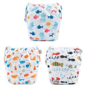 lot 8197 image: Babygoal Swim Diapers 3 Pack for 8M-3T Babies and Toddlers, Reusable Adjustable Washable for Baby Girl and Boy Swimming Lessons-Fish,Duck - Retail $15