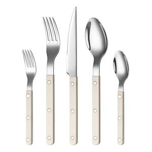 lot 8204 image: Khen Cutlery Set of 20, 188 Stainless Steel Flatware, Modern Silverware for Home, Kitchen, Dining &amp Table Setting for 4 Stainless Steel, Dishwasher Safe, Lightweight &amp Ergonomic Design Gift - Cream - Retail $55