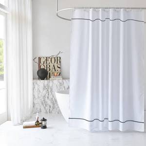 lot 8205 image: youngseahome White Shower Curtain with Grey Border, Modern Chic Faux Linen Fabric Shower Curtains for Bathroom and Hotel,72 x 78 Inches - Retail $24