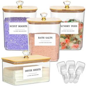 lot 8211 image: 4 Pack Clear Laundry Pods Container & Dryer Sheet Holder Set with Lid, Laundry Containers with Scoops & Labels, Laundry Room Organization and Storage for Laundry Detergent, Pods, Powder, Beads - Retail $30