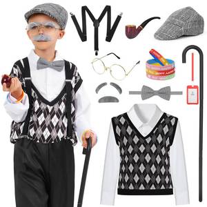 lot 8218 image: WooWee 100 Days of School Costume for Boys, Old Man Costume for Kids, 100th Day of School Dress Up(Gray, Small(5-7yr)) - Retail $19