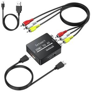 lot 8239 image: Setuact HDMI to AV Converter, HDMI to RCA Converter, Supports PALNTSC for Apple TV, Roku, Fire Stick, Blu-ray, DVD Player, Older TV, Projector, (with Male RCA and HDMI Cables) - Retail $14