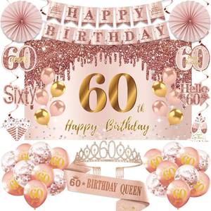 lot 8252 image: 60th Birthday Decorations for Women, Pink Gold Happy 60th Birthday Banner Crown and Sash Balloons Backdrop Hanging Swirls Paper Fans, 60 Years Old Party Supplies Kit 32PCS - Retail $20