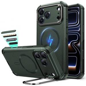lot 8271 image: ESR for iPhone 17 Pro Max Phone Case with Stash Stand, 7X Military-Grade Drop Protection with Camera Control, Shock-Absorbing Rugged Cover, Compatible with MagSafe Accessories, Cyber Series, Green - Retail $26
