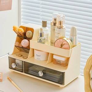 lot 8286 image: Makeup Organizer with Drawers for Vanity,Bathroom Countertop Organizer with Brushes Holder,Skincare Storage Organizer,Perfect Cosmetic Display Case for Your Beauty Essential. Drawer has a crack - Retail $14