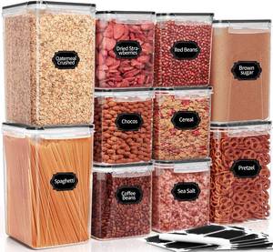 lot 8291 image: PRAKI Large Airtight Food Storage Containers with Lids, 10PCS Plastic Cereal Storage Containers, Kitchen & Pantry Organizers and Storage for Sugar, Flour, Baking Supplies with Lables & Mark ONE CRACKED - Retail $31