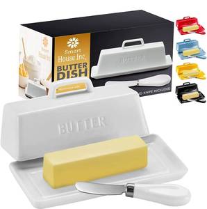 lot 8295 image: Ceramic Butter Dish Set with Lid and Knife - White- Decorative Butter Stick Holder with Handle for 1 Stick of Butter - Microwave Safe, Dishwasher Safe - Retail $17