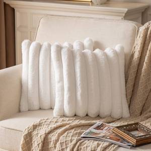 lot 8306 image: Yaertun Cream White Striped Decorative Throw Pillow Covers 18x18 Inch Set of 2 Plush Soft Pillowcase with Velvet Back Faux Rabbit Fur Cushion Covers Sofa Couch Bed Livingroom - Retail $22