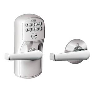 lot 8309 image: Schlage Plymouth Keypad Lock with Lever Handle, Electronic Keyless Door Entry, Auto Lock Enabled, Satin Chrome, FE575 PLY 626 ELA - Retail $90