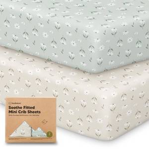 lot 8314 image: 2-Pack Mini Crib Sheets Fitted - 38x26 Pack N Play Sheets for Pack and Play Mattress, Organic Cotton, Soft & Breathable Playard Bedding, Neutral Mini Toddler Bed Cover for Boys, Girls (Daisies) - Retail $16