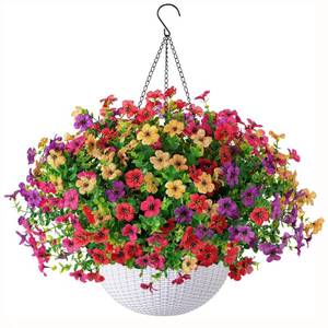 lot 8321 image: HyeFlora Artificial Faux Hanging Plants Flowers Basket for Outdoor Outside Spring Summer Decoration, Fake Silk UV Sun Resistant Realistic Colorful Daisy for Porch Patio Balcony Home - Retail $27