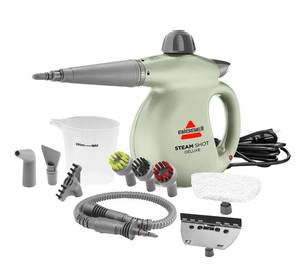 lot 8323 image: BISSELL Steam Shot Deluxe handheld pressurized steamer for maintenance cleaning with 10 cleaning tools