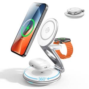 lot 8331 image: EXW Wireless Charging Station for Magsafe, 3 in 1 Foldable Charger for iPhone 1615141312 Series, Apple Watch & AirPod (30W Charger Included) - Retail $70