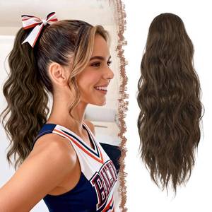 lot 8339 image: FESHFEN Ponytail Extensions - Drawstring Ponytails Hair Extension Long Curly Wavy Hair Piece Synthetic Pony Tail Hairpieces for Women, Brown & Light Auburn Mixed 18 inch - Retail $19