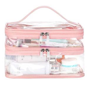 lot 8346 image: HAOGUAGUA Double Layer Clear Cosmetic Bag Makeup Bag, Waterproof Travel Toiletry Bag, Transparent PVC Pouch Organizer (Pink Large) - Retail $10