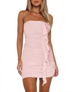 lot 8347 image: HYPERFIRE Womens Elegant Strapless Tube Ruched Bodycon 3D Flower Tassels Mini Dress Party Cocktail Dresses Pink X-Small - Retail $39