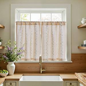lot 8352 image: jinchan Katy Linen Floral Kitchen Curtains 36 Inches Length Stripe Cafe Curtains Farmhouse Cottagecore Tier Small Window Drapes for Living Room Light Filtering Rod Pocket 2 Panels Sage Green on Linen - Retail $24