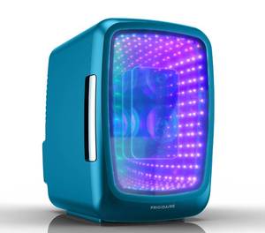 Frigidaire Gaming Light Up Mini Beverage Refrigerator, 6 can, 4 liters, Cooler with large see through door and LED lights Perfect for Gaming Experience, Home, Office, or Cars.12V Charger (Blue) - Retail: $40