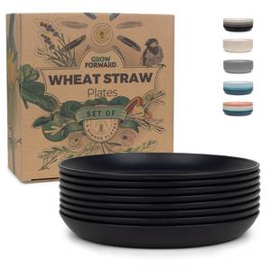 lot 8365 image: Grow Forward Premium Wheat Straw Plates - 8 Inch Reusable Hard Plastic Dinner Plates Set of 8 - Unbreakable Microwave Safe Plates for Dessert, Camping, RV, Outdoors, Patio, Kitchen Dishes - Midnight - Retail $16