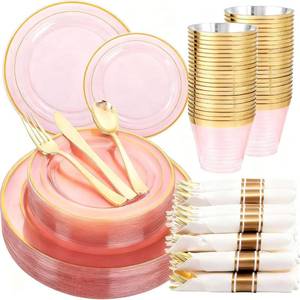 lot 8374 image: WELLIFE 350Pcs Clear-Pink Plastic Dinnerware- Pink and Gold Plastic Dinnerware include 50 Dinner Plates, 50 Dessert Plates, 150 Gold Silverware, 50 Cups and 50 Napkins Perfect for Parties - Retail $54
