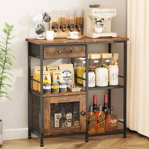 lot 8375 image: SWTYMIKI Coffee Bar Cabinet for Home - Farmhouse Coffee Stand Station Multi-Purpose Buffet Sideboard Cabinet with Drawers - Kitchen Bar Table for Living Room, Corner, Small Space, Espresso - Retail $70