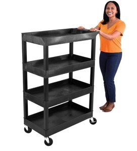 Stand Steady Tubstr 4 Shelf Utility Cart Supports Up to 300 lbs - Heavy-Duty Plastic Service Push Cart with Deep Shelves and 4" Casters, for Offices, Warehouse Storage, Garage (Black, 35 x 18 x 50) *Retails $249*