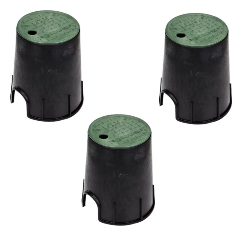 lot 510 image: 3 New NDS 6 Round Valve Box and Cover, Black Box, Green ICV Cover