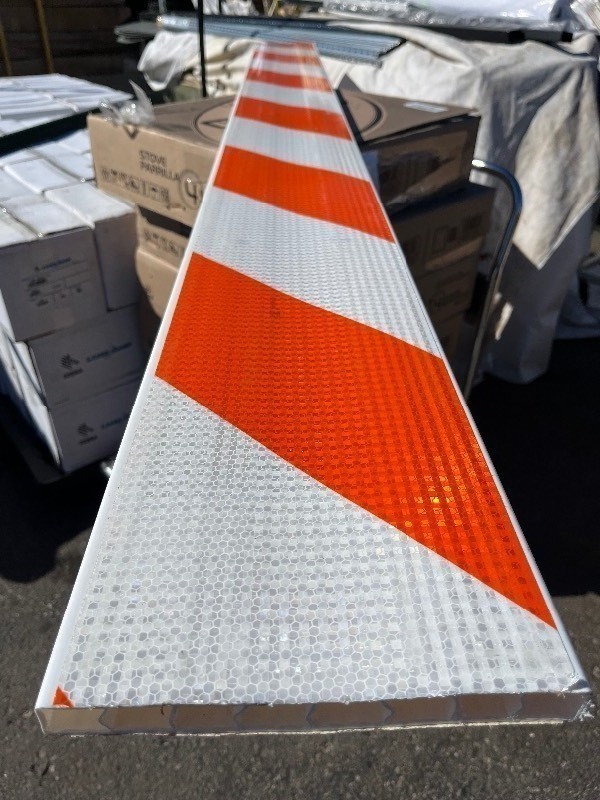 lot 237 image: 8 Reflective PVC Orange & White Stripped Caution Barrier Board - comes as is