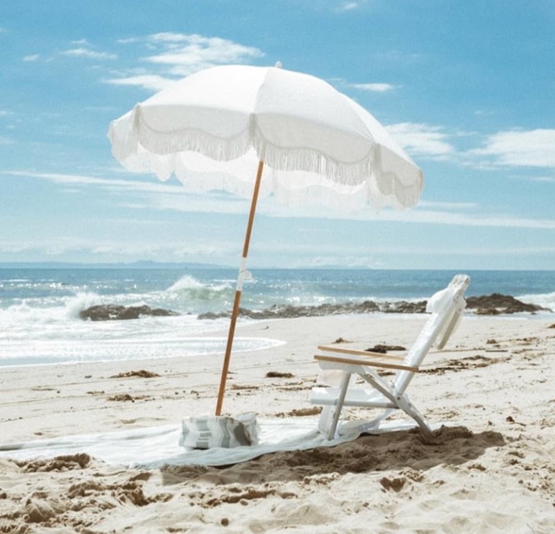 lot 94 image: Business & Pleasure Co. Holiday Umbrella - Boho Beach Umbrella with Stripped w Fringe, UPF 50, 1 Tilting Wood Pole, 5 x 6.5, Retro Stripped Color - See all images no Plain White
