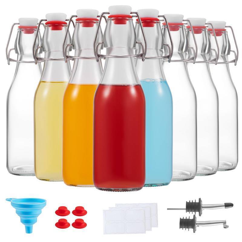 lot 4322 image:  keigocare 8 Set, 8 OZ Swing Top Glass Bottles - Vanilla Extract Bottles Flip Top Beer Brewing Bottles with Stopper for Syrup Bottle,Kombucha,Mead Kefir,Extract,Juice,Tea,Wine - Airtight Cap Lids