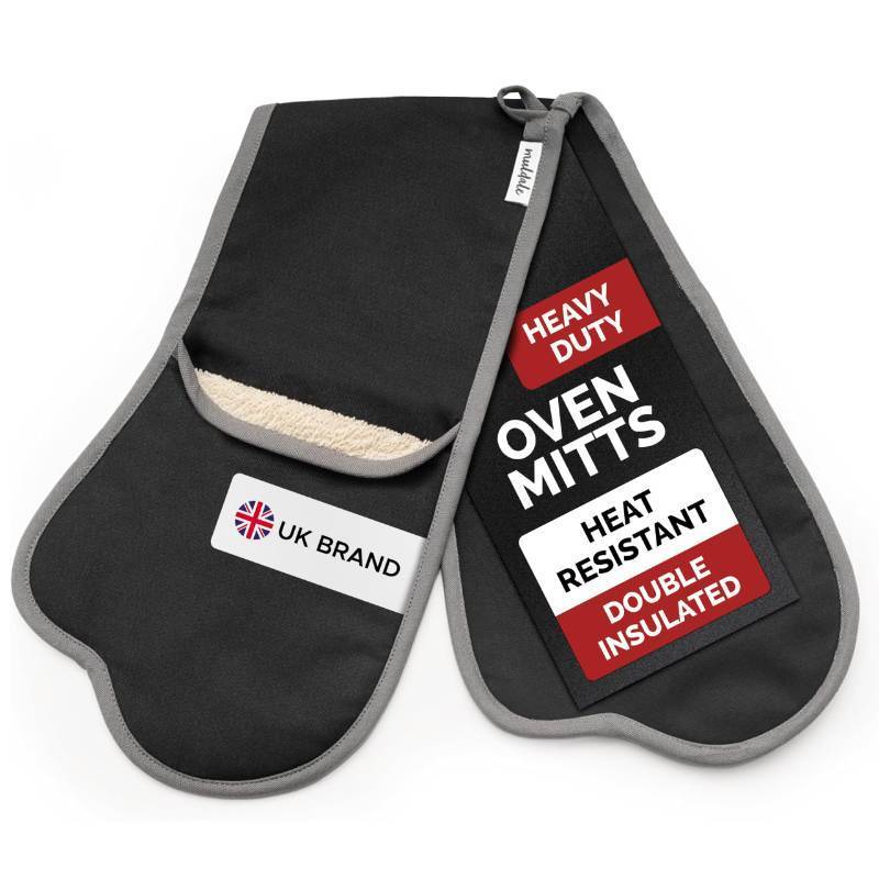 lot 3724 image:  Muldale Double Oven Mitts Attached Heat Resistant in Black - Natural Cotton Extra Thick Insulation - Made in England - Heavy Duty Two Handed Pot Holder Connected - Neutral Kitchen Textiles