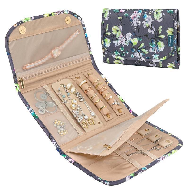 lot 6053 image:  PAVILIA Travel Jewelry Case Organizer, Foldable Jewelry Travel Roll Bag, Small Jewelry Travel Pouch Wallet for Earrings, Rings, Necklaces, Bracelets, Travel Packing Accessories (Floral Gray)