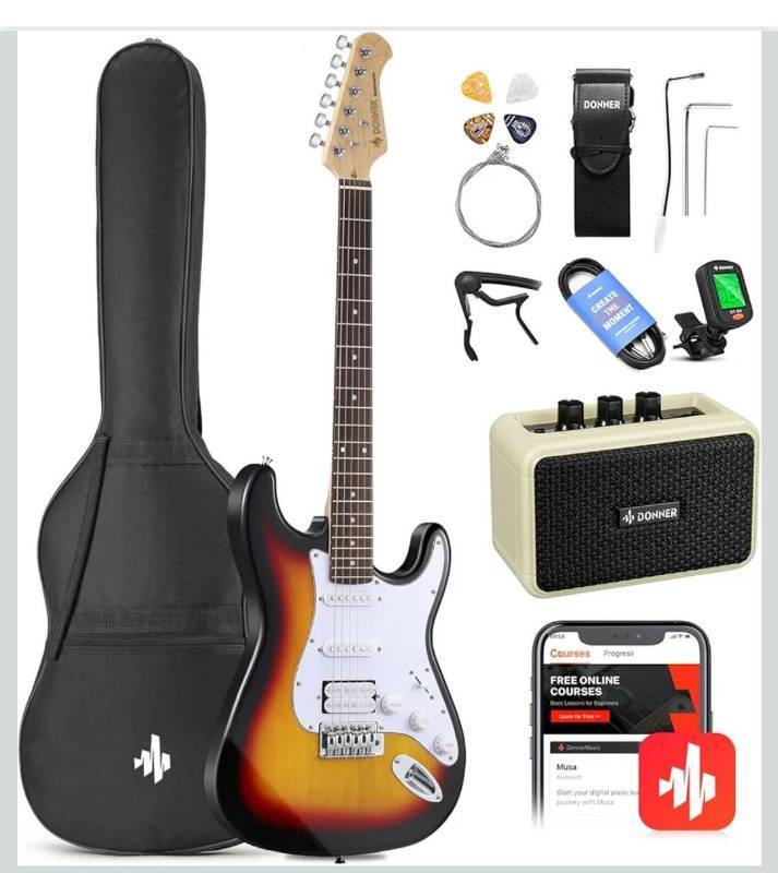 lot 669 image:  Donner DST-100S 39 Inch Full Size Electric Guitar Kit Solid Body Sunburst, Beginner Starter, with Amplifier, Bag, Capo, Strap, String, Tuner, Cable, Picks