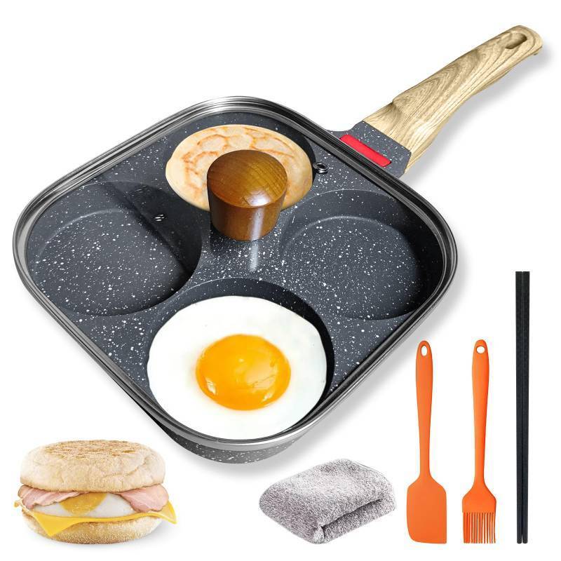 lot 3774 image:  4-Cup Nonstick Egg Pan Set with Lid Aluminum Omelette Skillet for Breakfast Compatible with Gas &amp Induction Cooktops (Black)