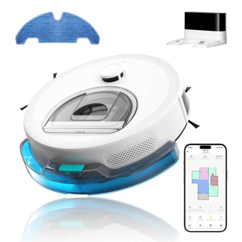 lot 4615 image: OKP Lidar Robot Vacuum and Mop Combo, 6000Pa Automatic Robotic Vacuum, Smart Mapping, 3.7 inch Thin, 150 Min Max, 5G WiFiAppAlexa Control, Ideal for Pet Hair, Hardfloors, Carpets, Home(L6 Aqua)- Retail $109