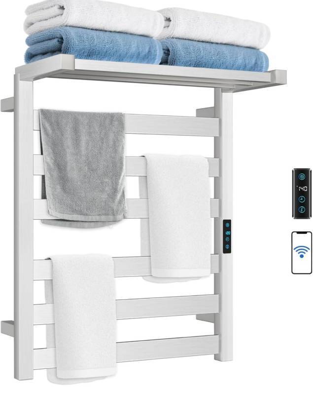 lot 4879 image: WiFi Heated Towel Rack Wall Mounted, Electric Towel Warmer with Foldable Bracket, Stainless Steel, LED Built-in Timer, Plug-in, Temperature &amp Timing Control, 9 Bars