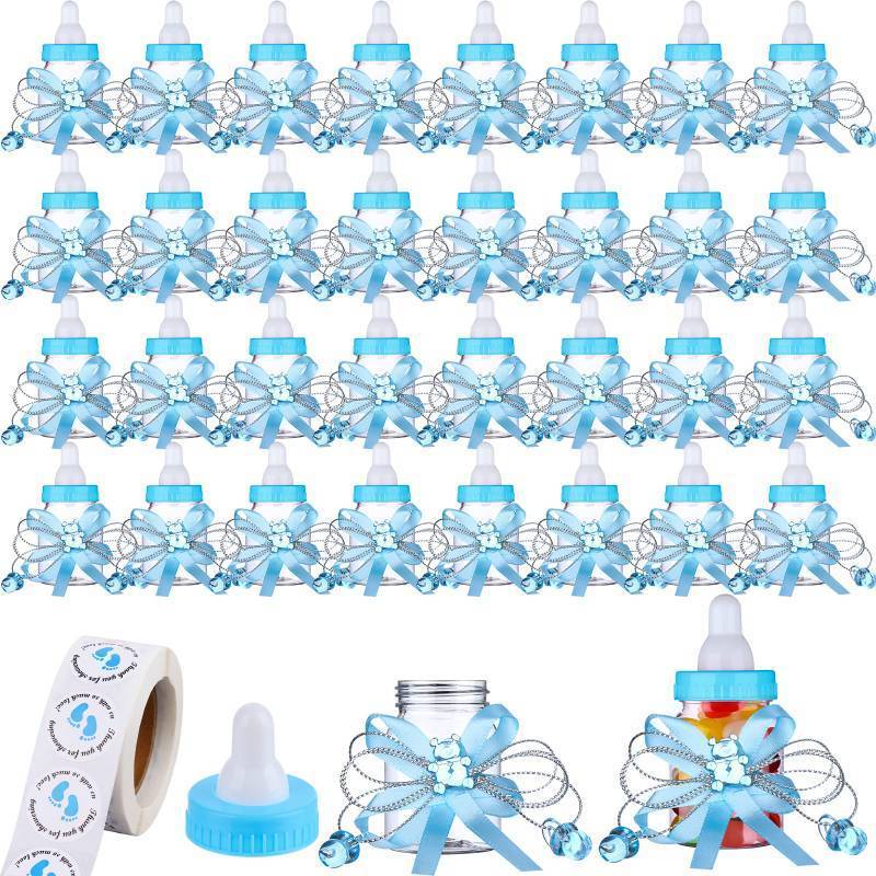 lot 4989 image: 62 Pcs 3.5 Inch Baby Mini Milk Bottle Baby Shower Favor with 500 Adhesive Thank You for Showering Stickers, Small Plastic Bear Candy Bottle with Ribbon for Boy Girl Newborn Baptism Party Decor (Blue)
