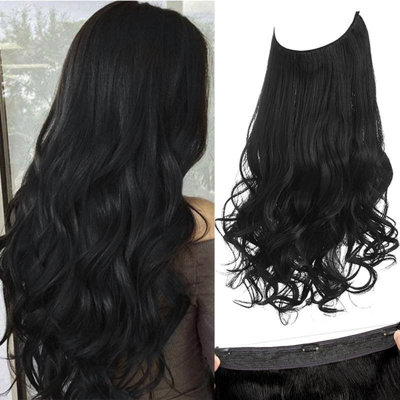 lot 5018 image: SARLA Invisible Wire Hair Extensions with 3 Clips Long Synthetic Wavy Curly Hairpiece Adjustable Transparent Headband for Women 18 Inch Jet Black