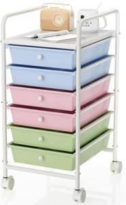 lot 1752 image: 6-Tier Utility Cart with 6 Drawers, Rolling Utility Cart with 2 Lockable Caster Wheels, Multipurpose Mobile Rolling Drawer Cart for Office Bathroom Kitchen, Colorful
