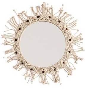 lot 1768 image: Concepts Beaded Macrame Mirror 32 Boho Wall Mirror Knotted Cotton Thread Decorative Round Handmade Braided Loop Hanger Natural Home Decor Entryway Living Room Accent
