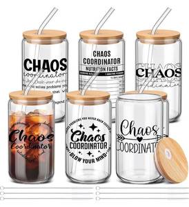 lot 1774 image: SiliFine 6 Pcs Employee Appreciation Gifts Chaos Coordinator Gifts Bulk Thank You Gift for Coworker 16 oz Can Shape Drinking Glass Cup with Lid and Straw for Mom Nurse Teacher