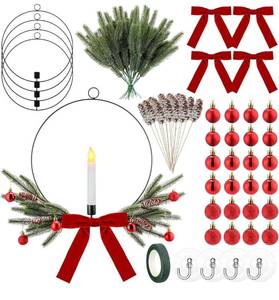 lot 1803 image: Acellegic 4 Pack DIY Christmas Wreaths Decorations Kits 14 Christmas Wire Wreath Pine Branches Ribbon Bow Ring Candleholder for Front Door Window Xmas Holiday Craft DIY Supplies