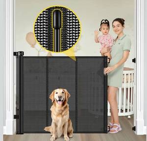 lot 1809 image: Reinforced 42 Extra Tall Retractable Baby Gates with Rods, Extends up to 60 Wide, Tall Retractable Dog Gate for Doorways Prevent Crawling Through Mesh Pet Gate Indoor Outdoor, Black