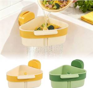 lot 1816 image: 2pcs Suction Cup Sink Strainer Corner Rack, Thick PP Sink Sponge Holder for Kitchen Sink Organizer, Tri-Angle Hanging Caddy Removable Filter &amp Sponge Storage (GreenYellow)