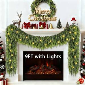 lot 1821 image: 9FT Cedar Garland with Lights, Prelit Christmas Garland Artificial Realistic, Real Touch Pine Christmas Garland for Mantle Stairs Outdoor Decoration, Battery Operated Faux Greenery Garlands Thick Lush