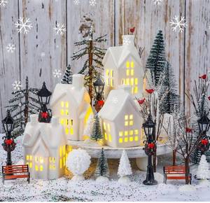 lot 1856 image: 33 Pcs Ceramic Christmas Village Sets with LED Light Decor White Winter Miniature Village Resin Figurines Christmas Town Snow Scene Tabletop Porcelain Indoor Decor with Lamp Artificial Xmas Tree Set