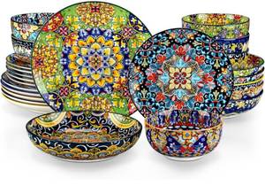 lot 1859 image: vancasso 24 Pieces Dinnerware Sets, Plates and Bowls Set, Porcelain Dishes Set for 6, Microwave and Dishwasher Safe, Scratch Resistant, Bohemian Style Dining Ware Service for 6, Series SIMI